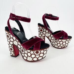 Christian Louboutin Burgundy Velvet Superyaz 160 Pearl Platform Sandal EU 37